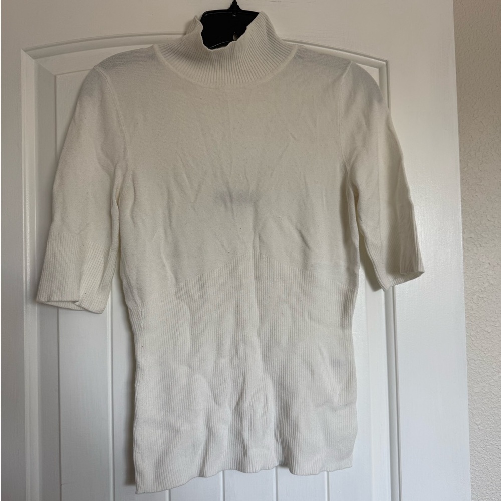 White Short-Sleeve Turtleneck Knit Top